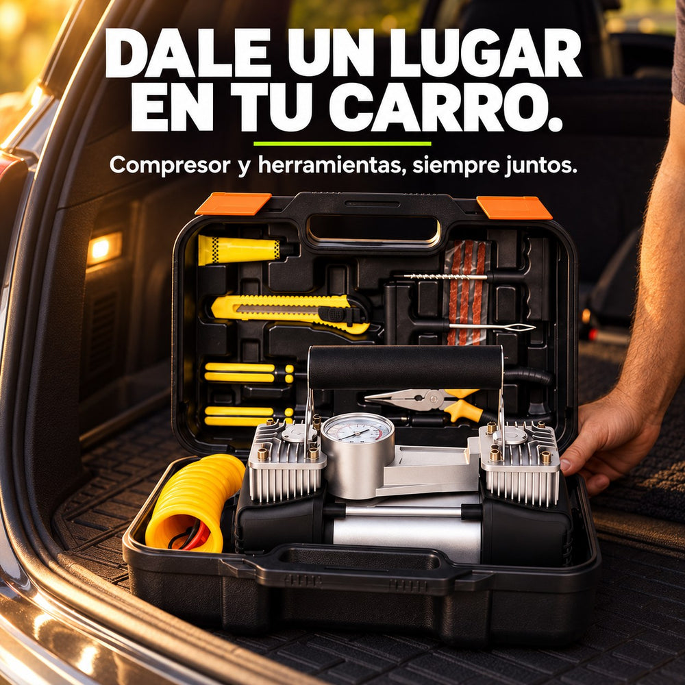 Kit compresor guardado en el baúl del carro